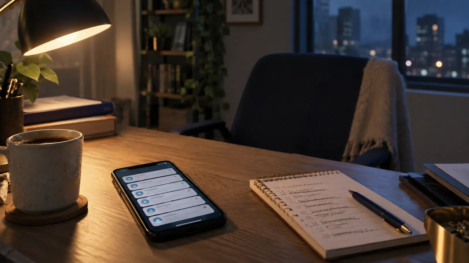 A phone on a desk showing a stack of unread form notifications at night