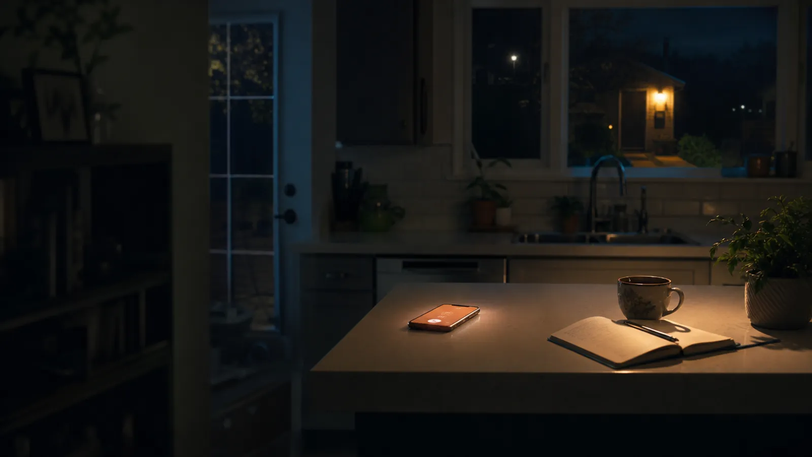 A phone ringing on a kitchen counter at night, seen from across a dimly lit room