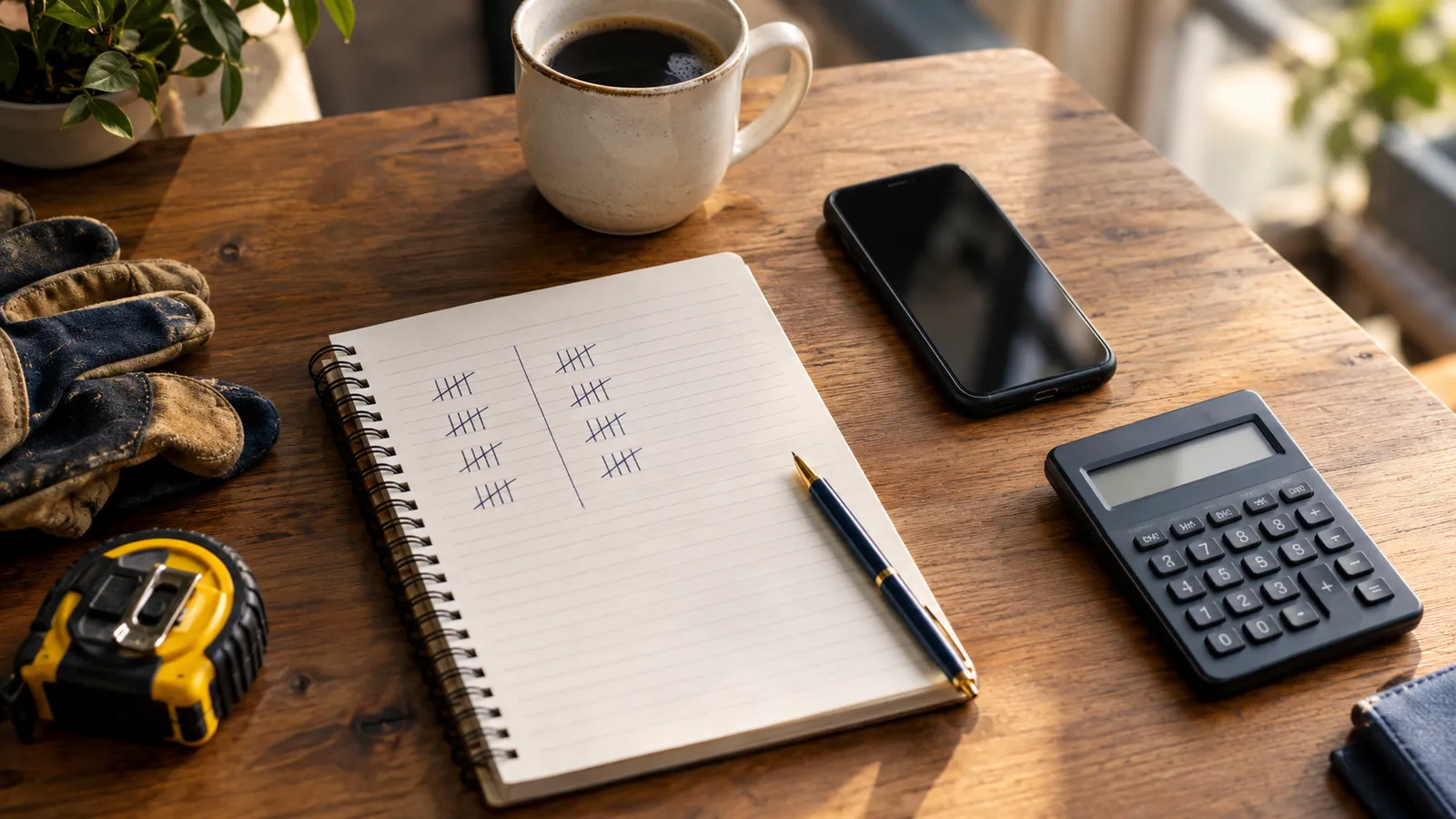 A notepad with a hand-drawn tally of calls and booked jobs beside a phone and a calculator on an office desk