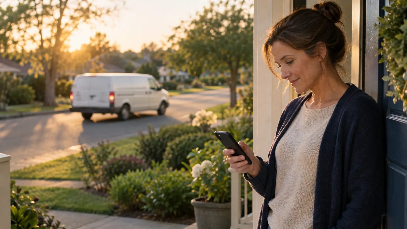 A homeowner at her front door holding a phone, a work van pulling away down a quiet street in late-afternoon light.