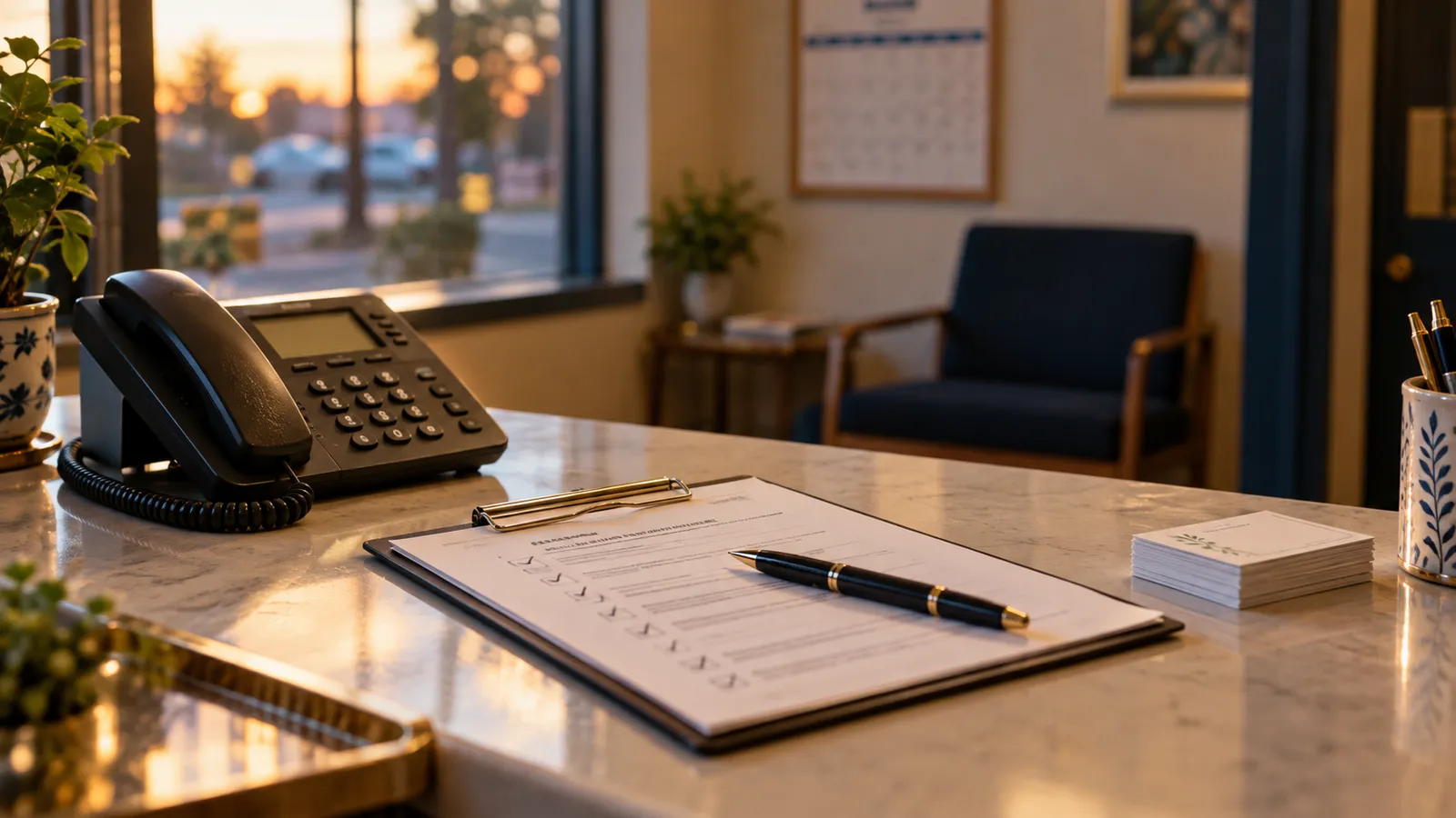 A clipboard with a printed checklist beside a desk phone at a small service-business front counter, lit by evening light.