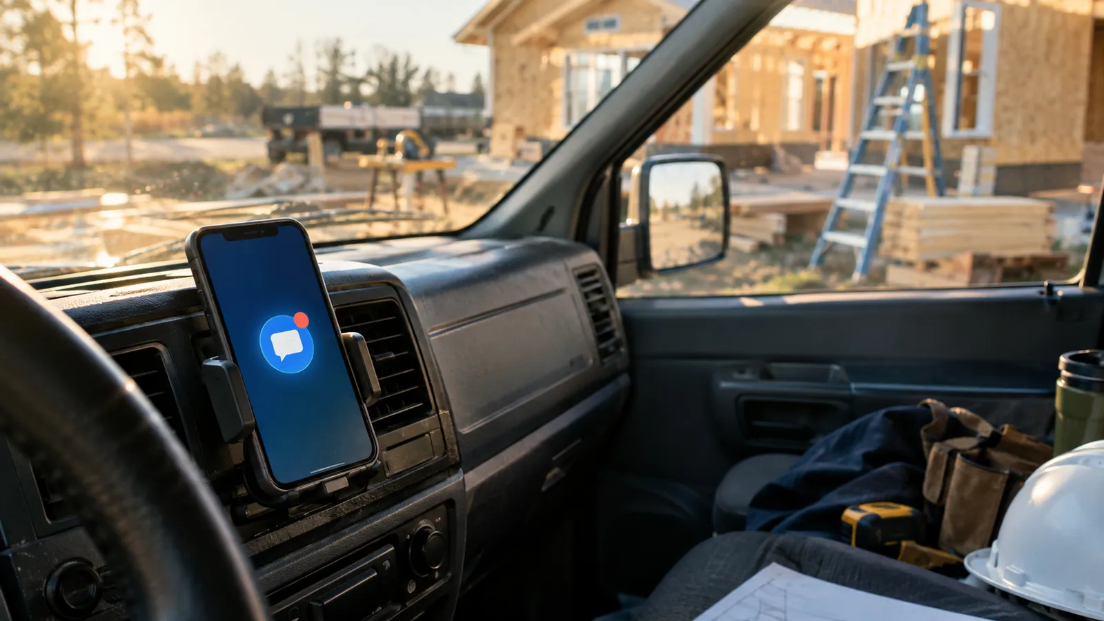 A phone face up on a truck dashboard with an unread text notification glowing, a job site blurred outside the windscreen