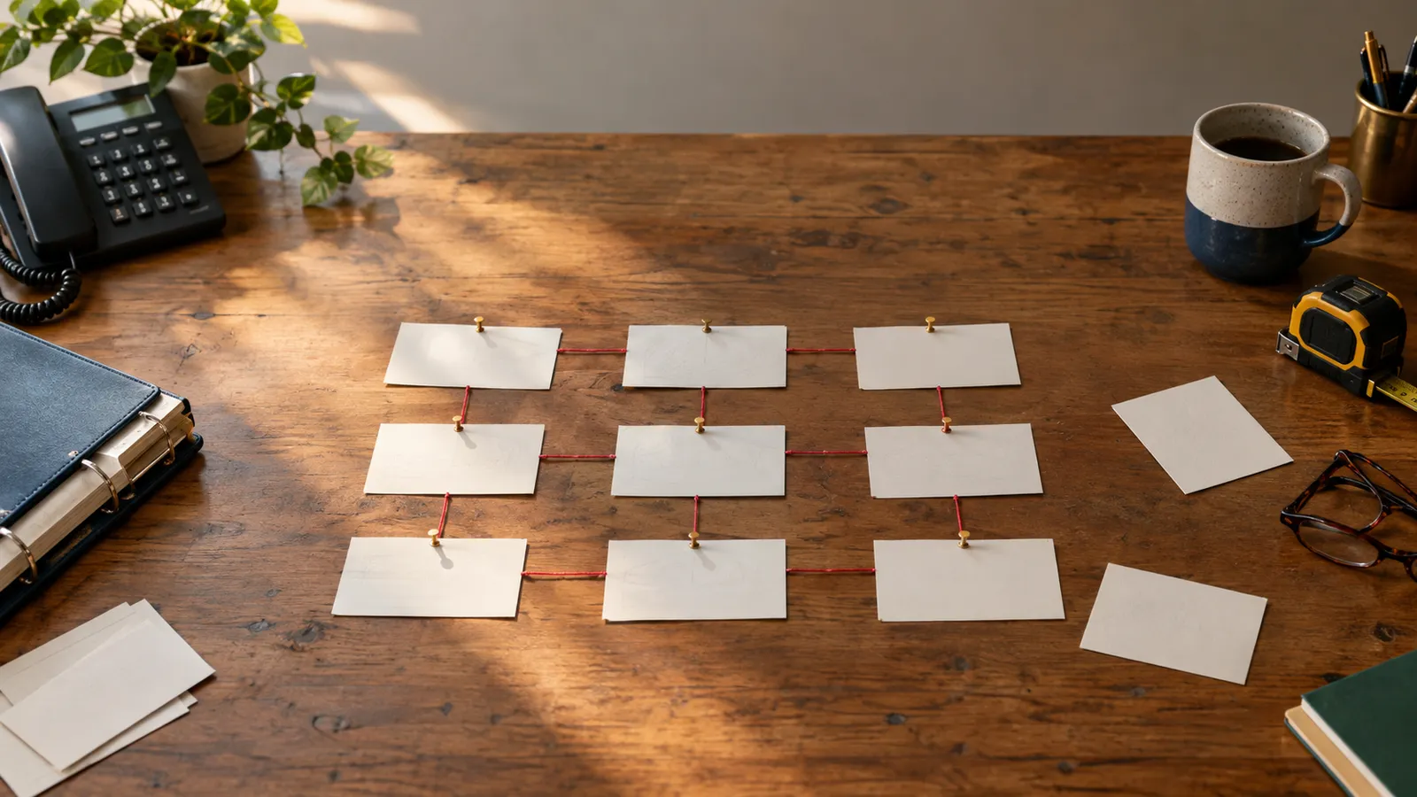 An overhead view of a workbench with a hand-drawn flow of connected cards, string and pins, in warm light.