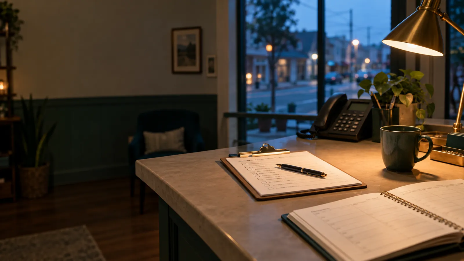 A service counter at dusk with a phone, a clipboard and an open appointment book, lit by a desk lamp.