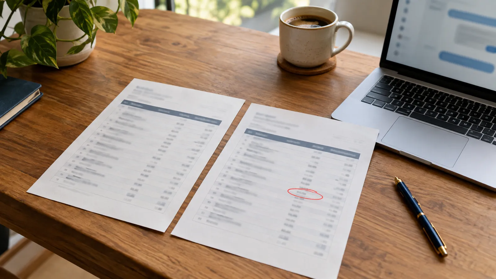 Two nearly identical printed price sheets on a desk, one row circled in red, beside a laptop showing a blurred chat window.
