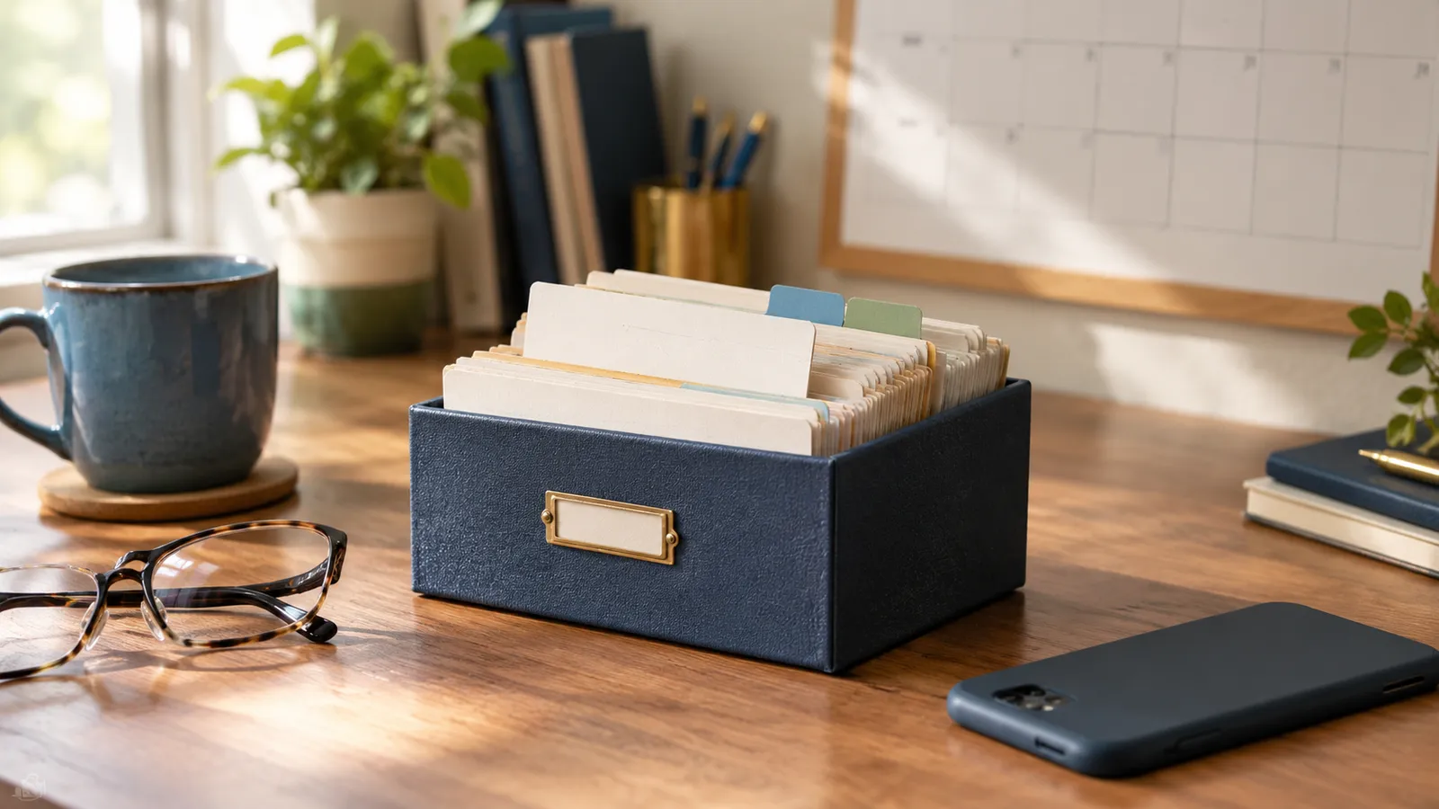 A worn index-card box of customer records on a desk beside a phone, in morning light.